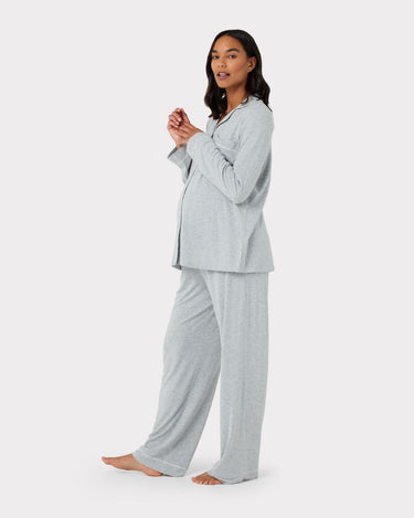Maternity Grey Modal Button Up Long Pyjama Set